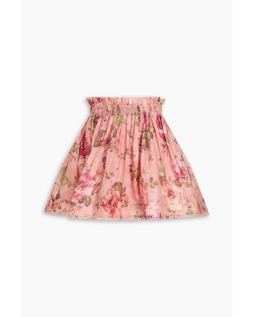 Zimmermann Gathered Floral-print Linen And Silk-blend Gauze Mini Skirt