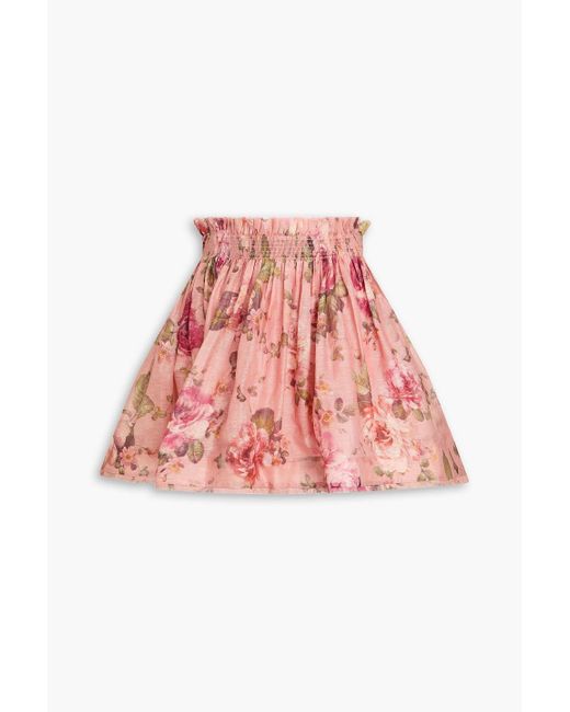 Zimmermann Gathered Floral-print Linen And Silk-blend Gauze Mini Skirt