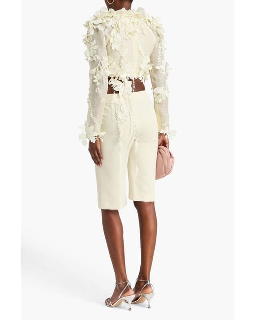 Zimmermann White Cropped Floral-Appliquéd Linen And Silk-Blend Top