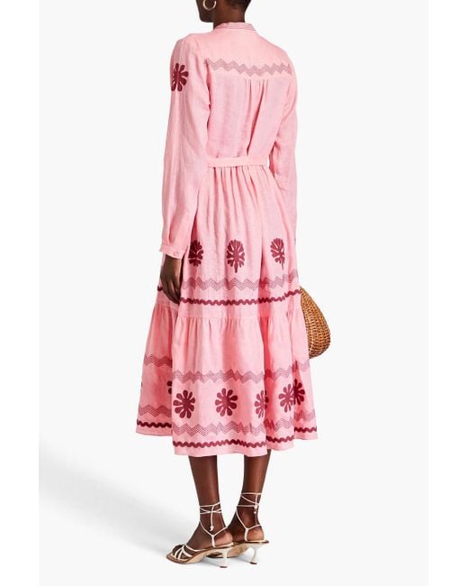 Saloni Pink Alexia Embroidered Linen Midi Dress