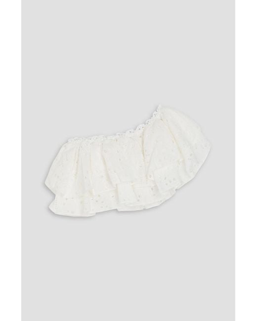 Charo Ruiz White Flamingo One-Shoulder Ruffled Broderie Anglaise Cotton Top