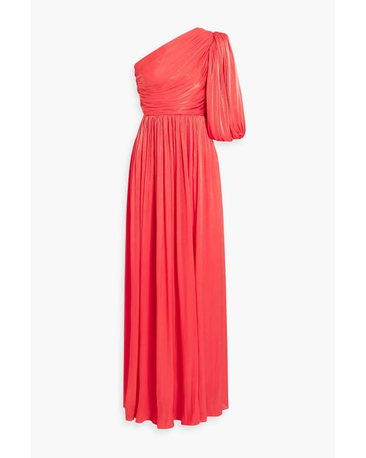 Costarellos Red One-sleeve Draped Satin-jacquard Gown