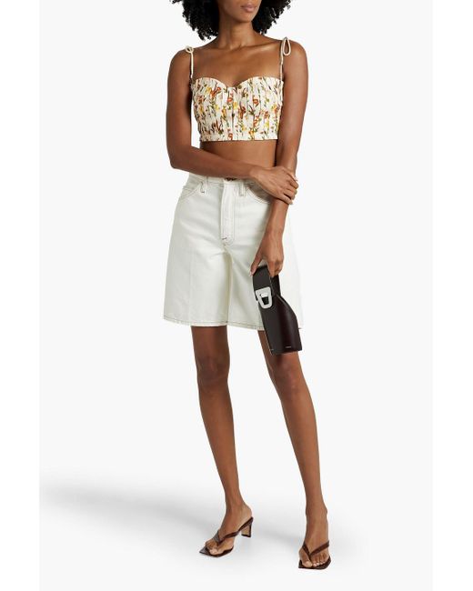 Agua Bendita White Moringa Clementina Cropped Pleated Floral-print Linen Bustier Top
