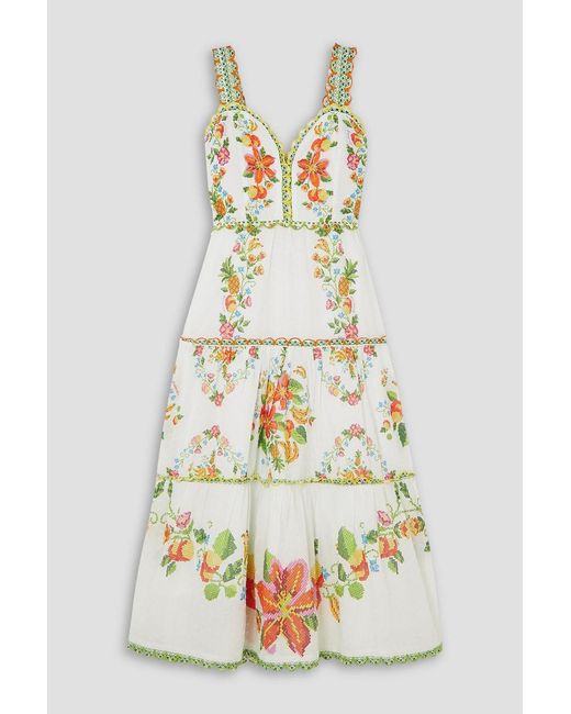 Farm Rio White Tropical Romance Scalloped Tiered Printed Cotton Midi Dress