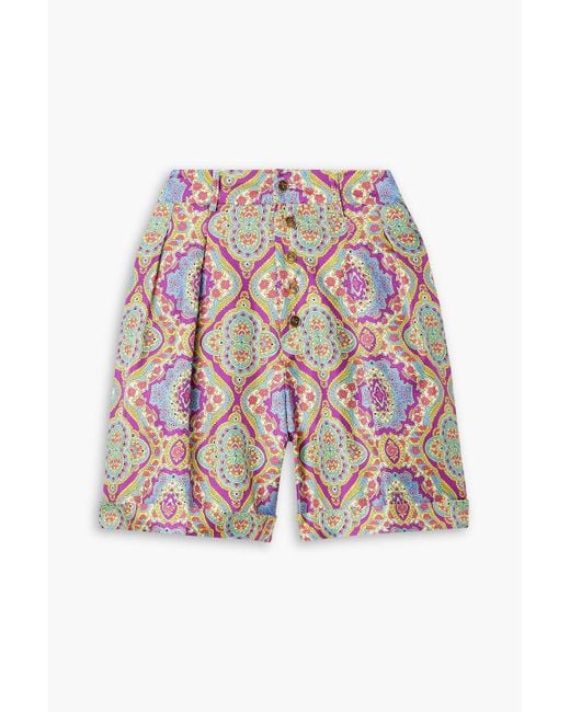 Etro White Pleated Printed Silk-Twill Shorts