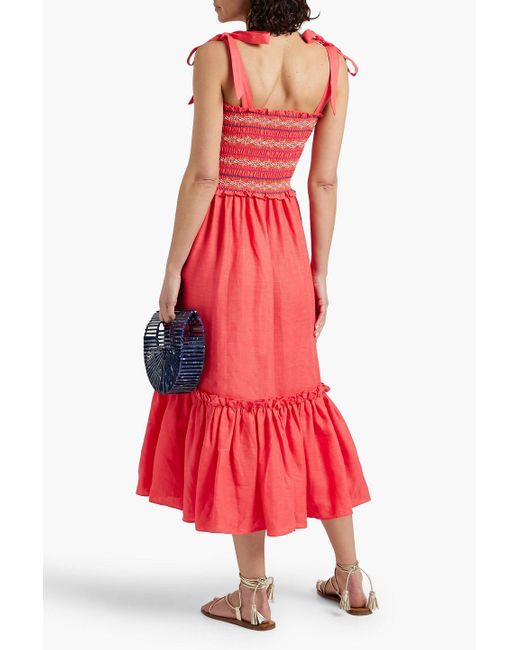 Cara Cara Red Jenny Smocked Linen Midi Dress