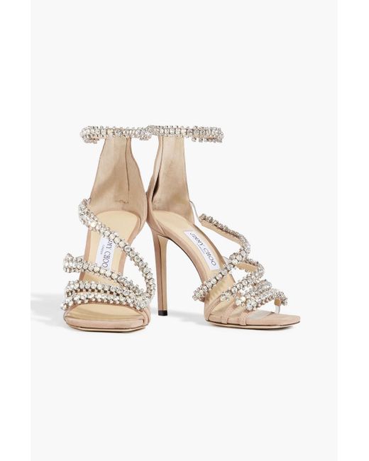 Jimmy Choo White Josefine 100 Crystal-embellished Suede And Pvc Sandals