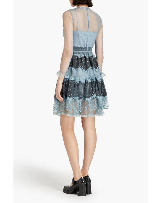 RED Valentino Blue Tiered Embroidered Point D'espirit Mini Dress