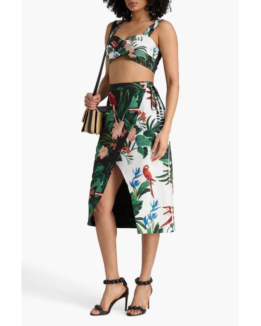 Farm Rio Green Floral-print Linen-blend Midi Wrap Skirt