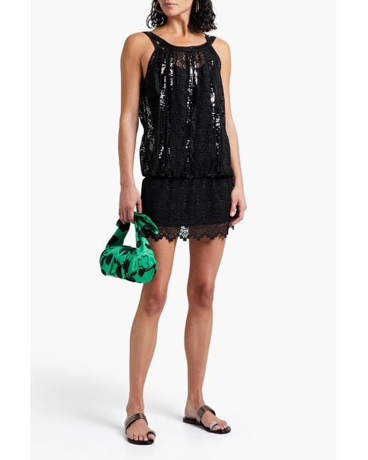 Charo Ruiz Black Sequin-Embellished Cotton-Blend Crocheted Lace Mini Dress