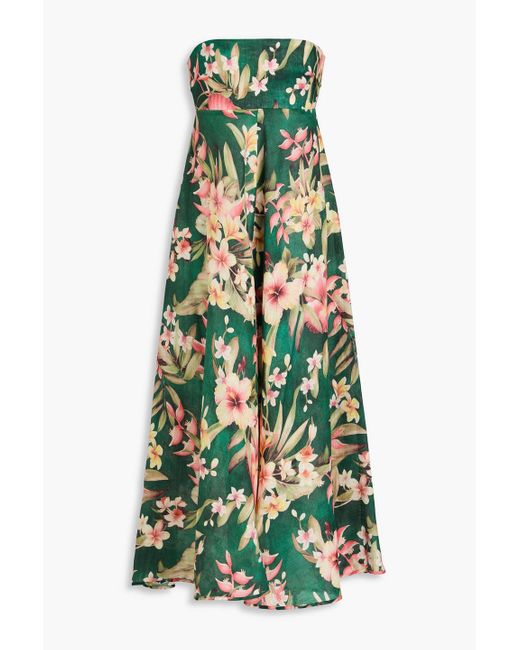 Zimmermann Green Trägerloses midikleid aus leinen mit floralem print und raffung