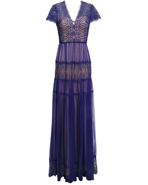 Catherine Deane Blue Nyree Lace-paneled Gathered Chiffon Gown