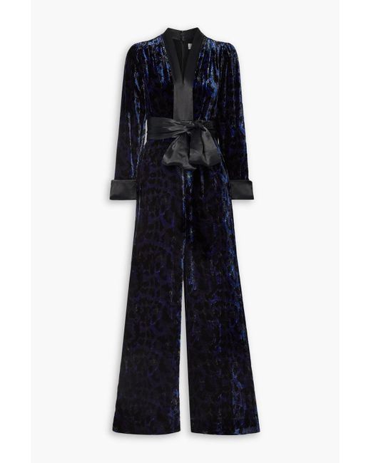 Diane von Furstenberg Blue Vegas Satin-trimmed Leopard-print Velvet Jumpsuit