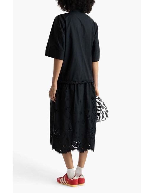 Ganni Black Gathered Broderie Anglaise Cotton-poplin Midi Dress