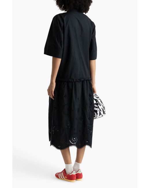 Ganni Black Gathered Broderie Anglaise Cotton-poplin Midi Dress