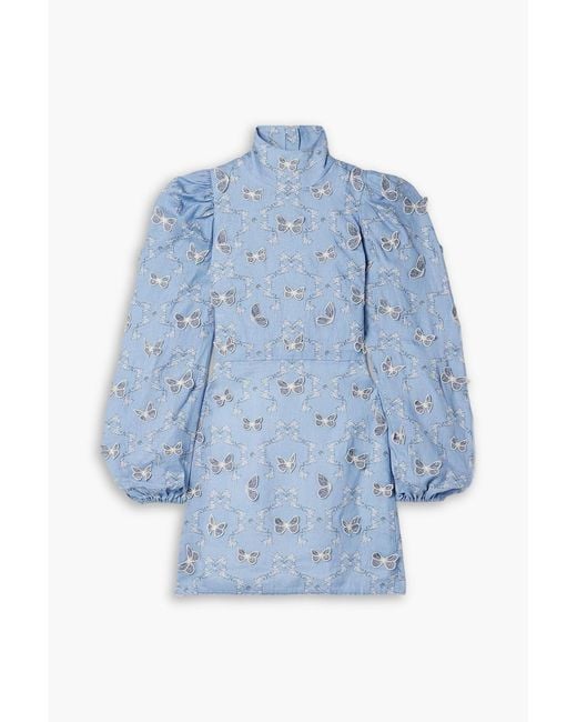 Agua Bendita Blue Guaba Lymanopoda Appliquéd Printed Linen Turtleneck Mini Dress