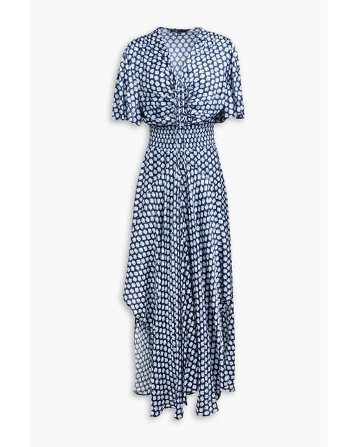 Maje Blue Asymmetric Printed Satin Maxi Dress