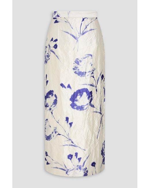 Erdem White Crinkled Floral-print Twill Midi Pencil Skirt