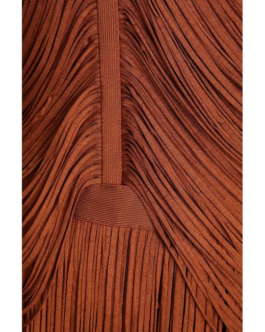 Hervé Léger Brown Robe aus ponte mit fransen und asymmetrischer schulterpartie