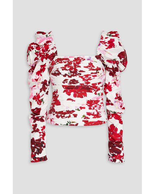 Aje. Red Marlene Pleated Floral-print Cotton Top
