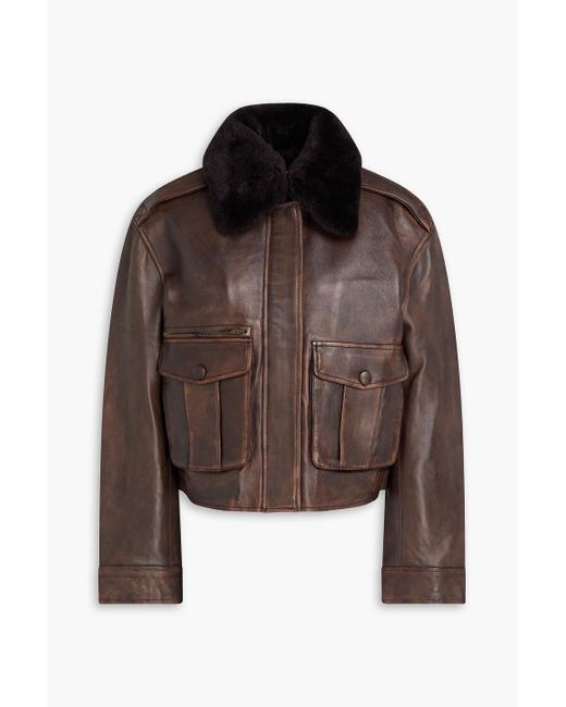Sandro Brown Shearling-trimmed Leather Jacket