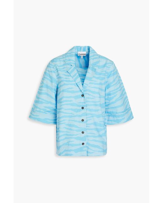 Ganni Blue Tiger-print Cotton-poplin Shirt