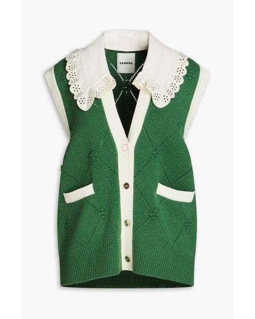 Sandro Green Hibiscus Broderie Anglaise-trimmed Pointelle-knit Wool Vest