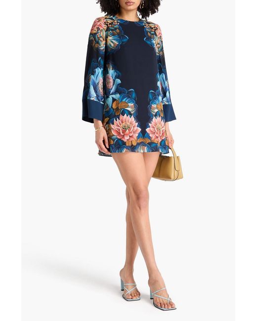 Borgo De Nor Blue Floral-print Crepe De Chine Mini Dress