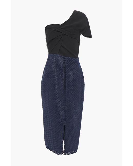Roland Mouret Blue Morita One-shoulder Twist-front Crepe And Basketweave Wool-blend Midi Dress