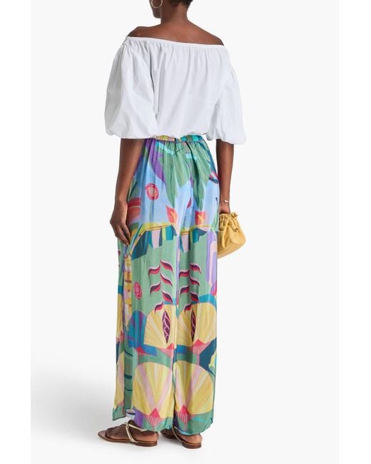 Farm Rio Blue Pleated Printed Crepe De Chine Wide-leg Pants