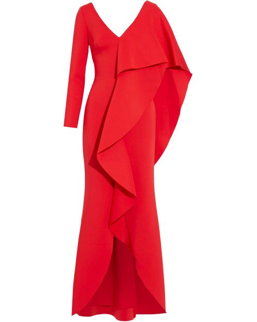 badgley mischka strapless ruffle scuba gown