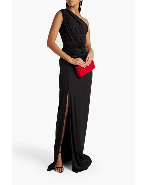 Rhea Costa Black One-shoulder Ruched Glittered Jersey Gown