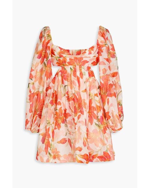 Zimmermann Pink Cutout Floral-Print Linen And Silk-Blend Mini Dress