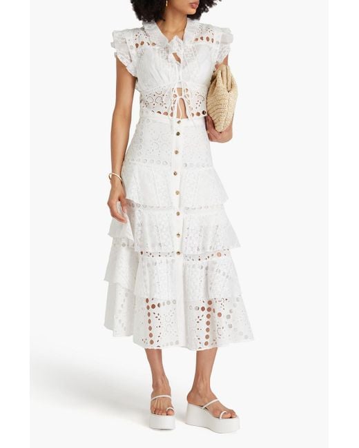 Sandro White Lace-Trimmed Tiered Broderie Anglaise Cotton-Blend Midi Skirt