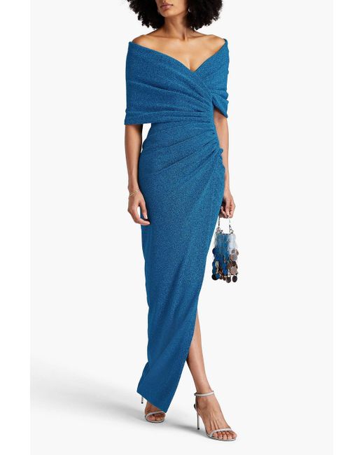 Rhea Costa Blue Schulterfreie robe aus jersey in metallic-optik mit wickeleffekt