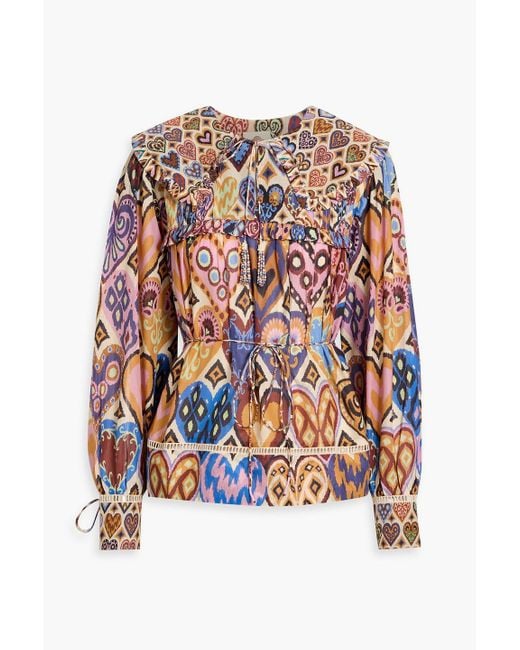 Farm Rio White Tie-Detailed Ruffled Printed Cotton-Voile Blouse
