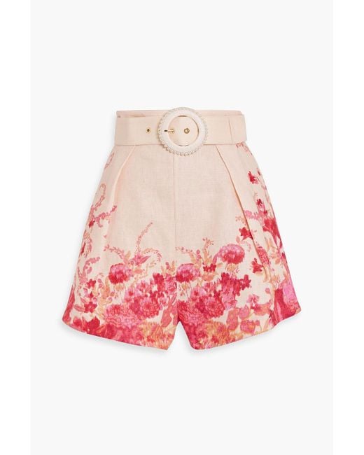 Zimmermann Red Belted Pleated Floral-print Linen Shorts