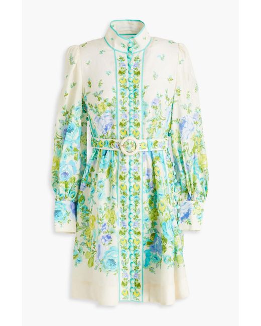 Zimmermann Blue Belted Floral-print Linen Mini Dress