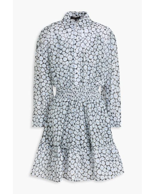 Maje Blue Flared Floral-Print Gauze Mini Shirt Dress