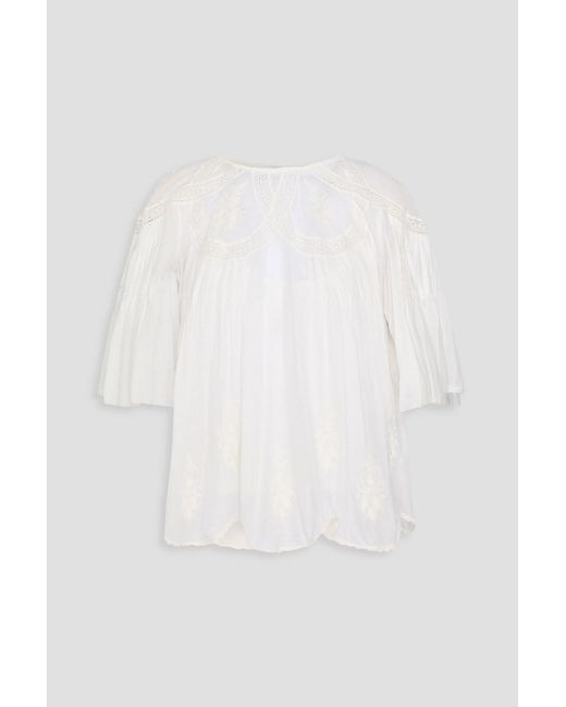 Farm Rio White Embroidered Pintucked Cotton-Gauze Top