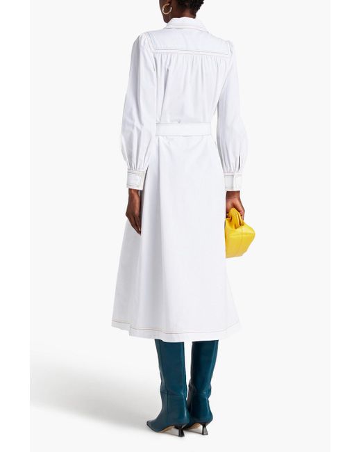 Tory Burch White Gathered Cotton-twill Midi Shirt Dress