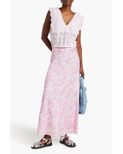 Ganni Pink Floral-print Stretch-silk Satin Maxi Skirt