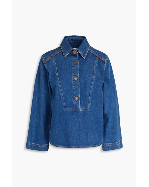 See By Chloé Blue Faux Leather-trimmed Denim Polo Shirt
