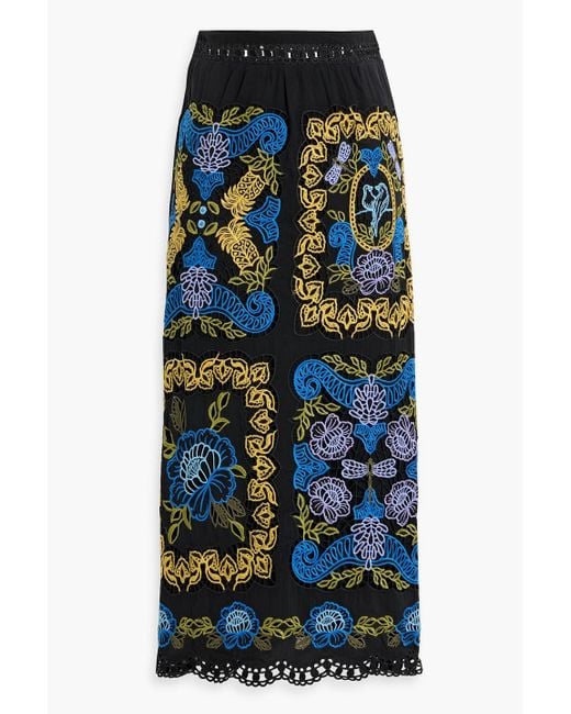 Farm Rio Black Cotton-Guipure Lace Midi Skirt