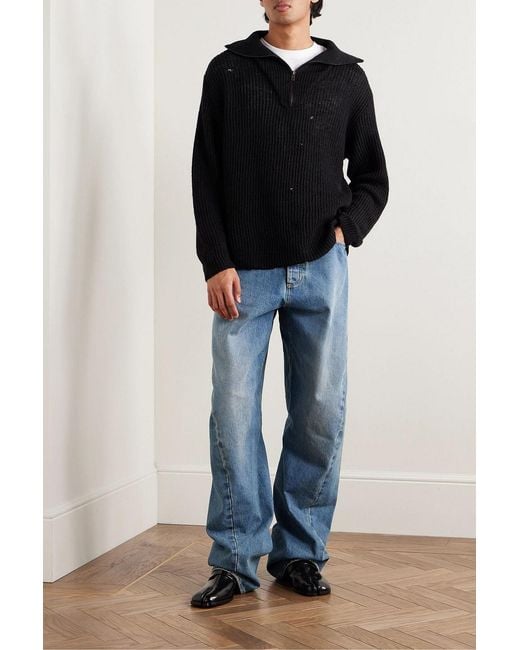 Maison Margiela Black Ribbed Linen And Wool-Blend Half-Zip Sweater for men