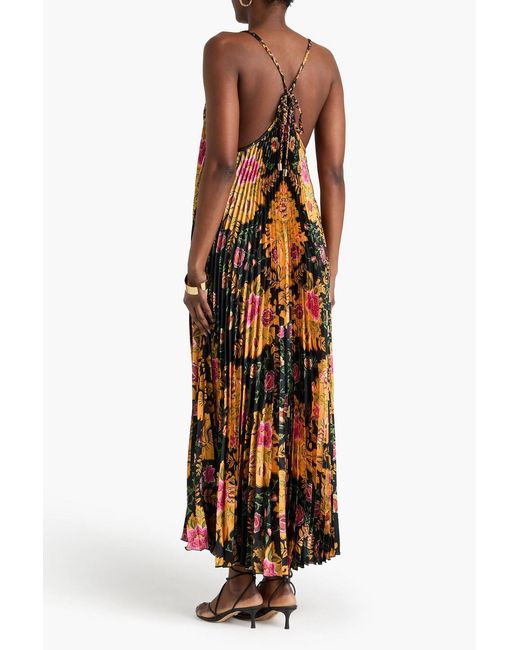 Farm Rio Metallic Pleated Floral-Print Satin Maxi Slip Dress