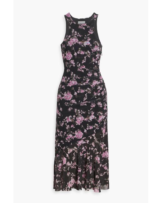 Ganni Gray Ruched Floral-Print Stretch-Mesh Midi Dress
