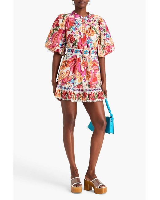 Farm Rio Red Belted Floral-print Cotton-blend Mini Dress