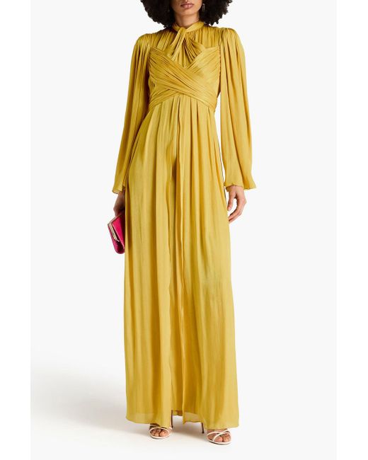 Costarellos Yellow Josie Draped Metallic Georgette Gown