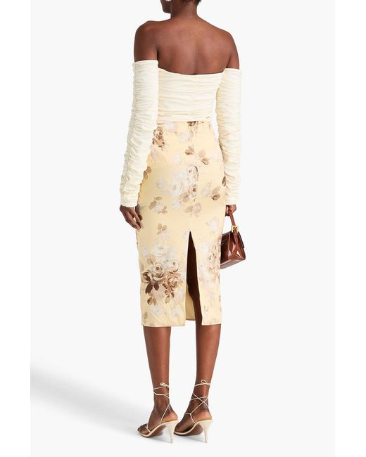 Alessandra Rich Natural Ruched Floral-Print Silk-Blend Satin Midi Pencil Skirt